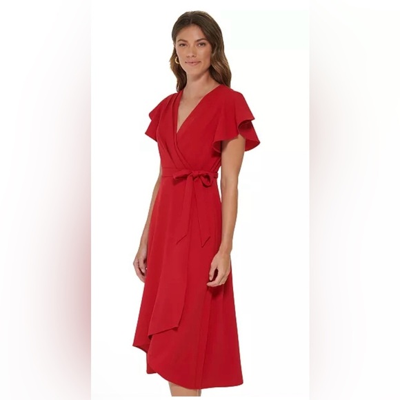 DKNY Size 8 Faux-Wrap V-Neck Flutter-Sleeve Red Dress - Picture 2 of 6